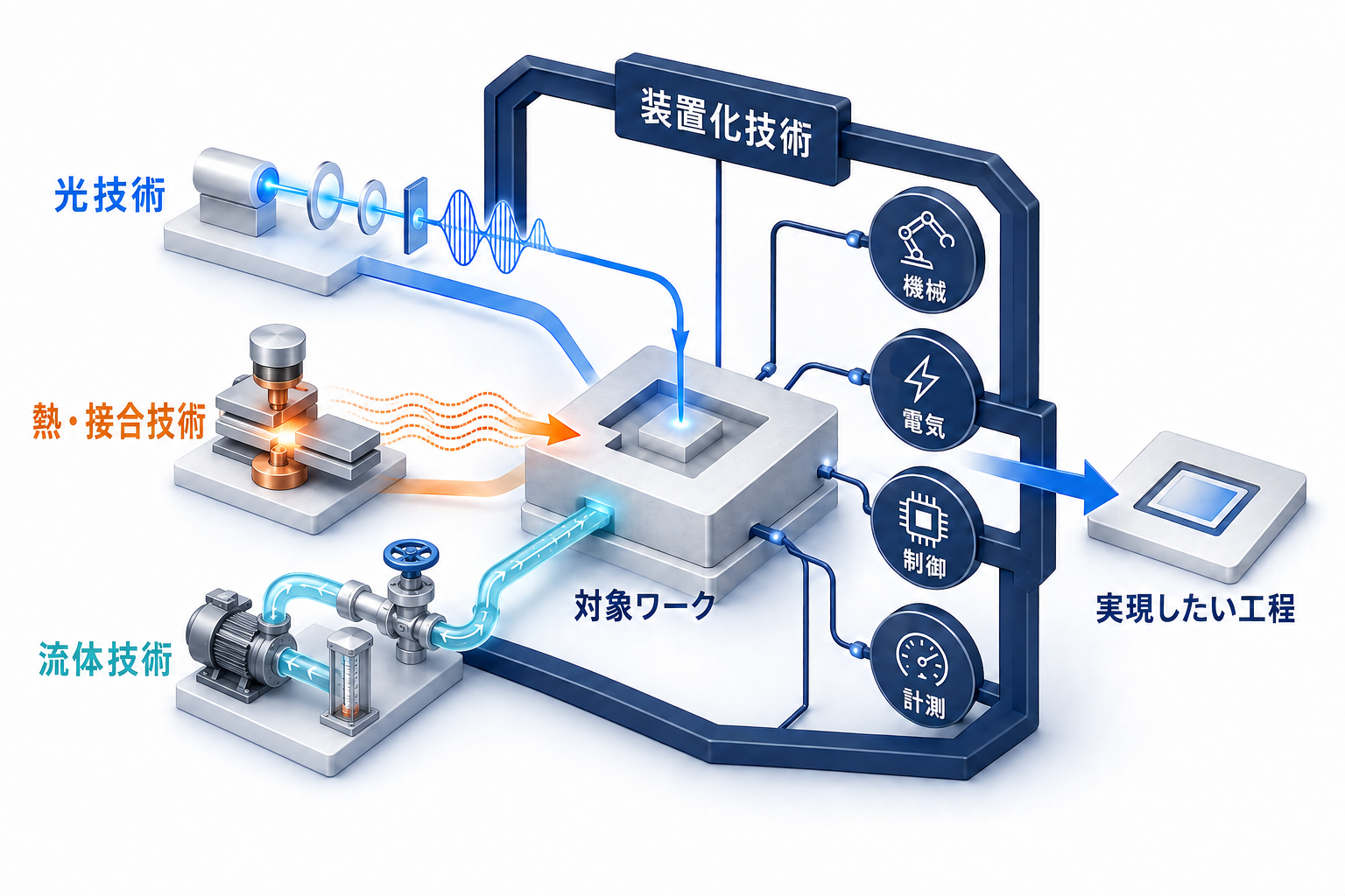 光・熱・流体と機械・電気・制御・計測を組み合わせる技術統合図